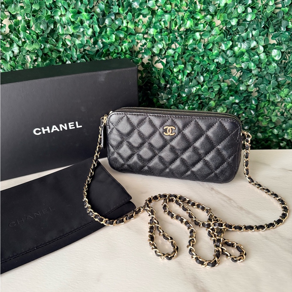Chanel Black Caviar Quilted Double Zip Clutch with Chain Crossbody Bag Authentic